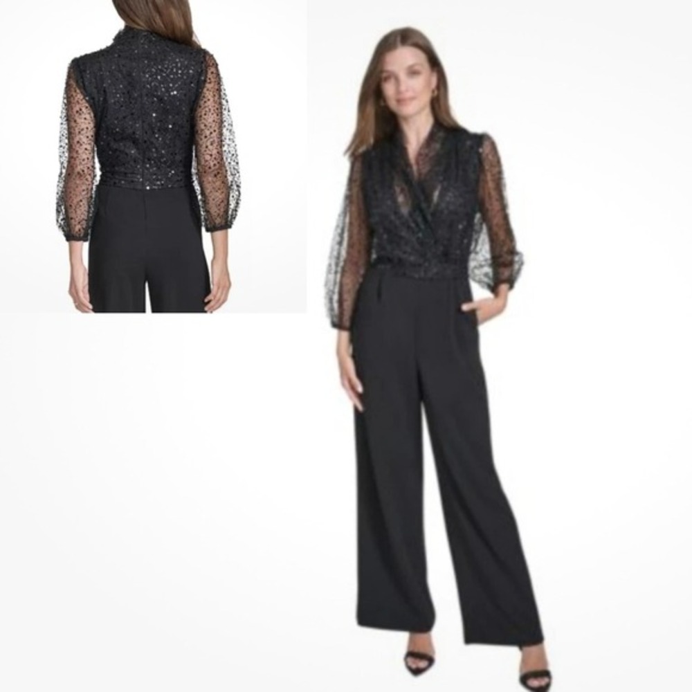 Halston Size 16 Sequined Beaded Jumpsuit Black Pockets Glam Formal Party